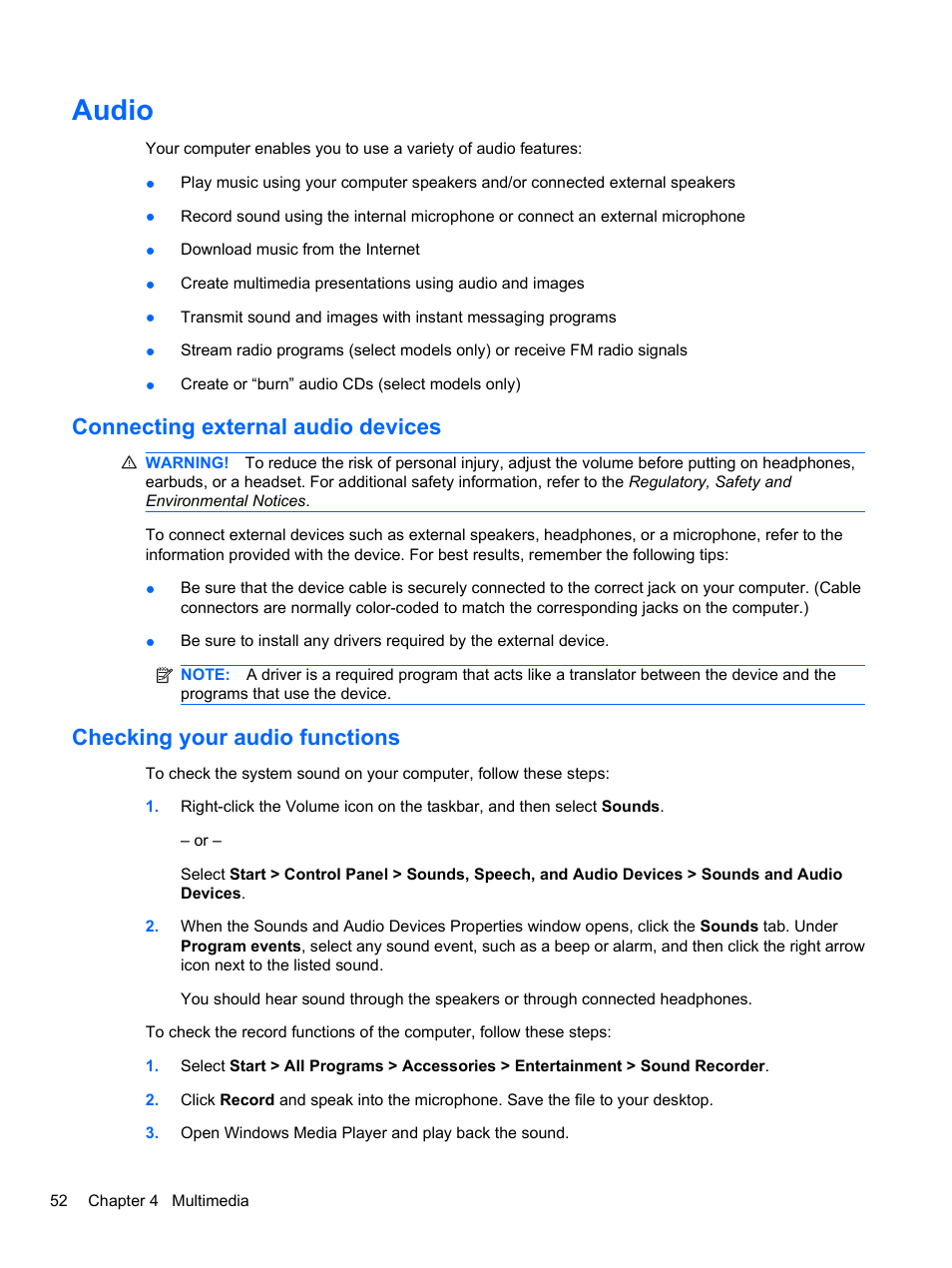 Audio, Connecting external audio devices, Checking your audio functions | HP ProBook 4320s Notebook-PC User Manual | Page 64 / 190