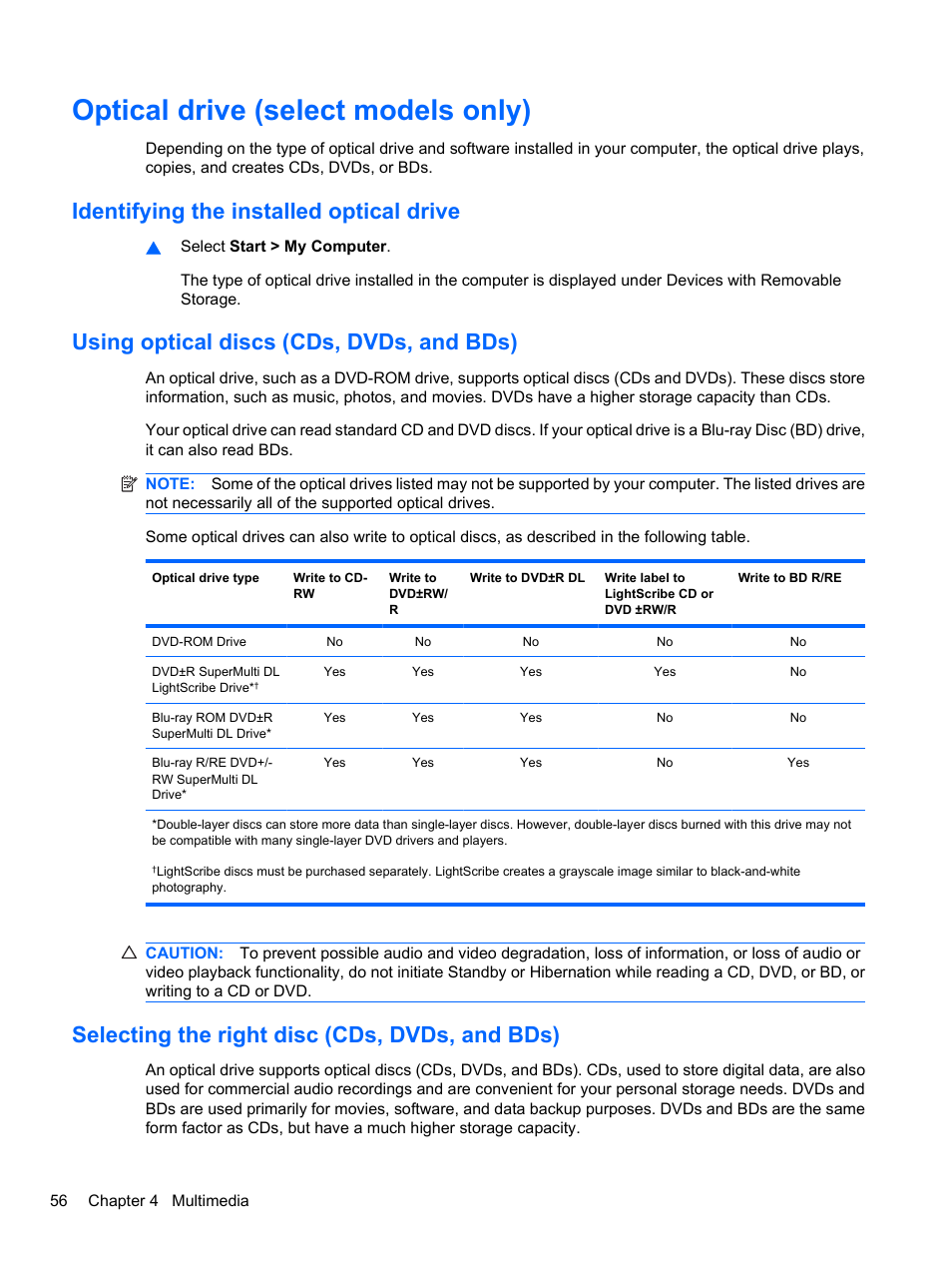 Optical drive (select models only), Identifying the installed optical drive, Using optical discs (cds, dvds, and bds) | Selecting the right disc (cds, dvds, and bds) | HP ProBook 4320s Notebook-PC User Manual | Page 68 / 190