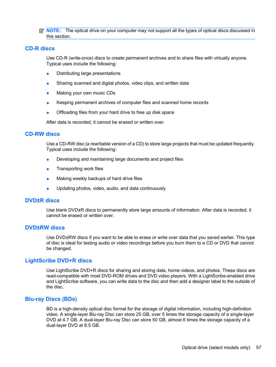 Cd-r discs, Cd-rw discs, Dvd±r discs | Dvd±rw discs, Lightscribe dvd+r discs, Blu-ray discs (bds) | HP ProBook 4320s Notebook-PC User Manual | Page 69 / 190