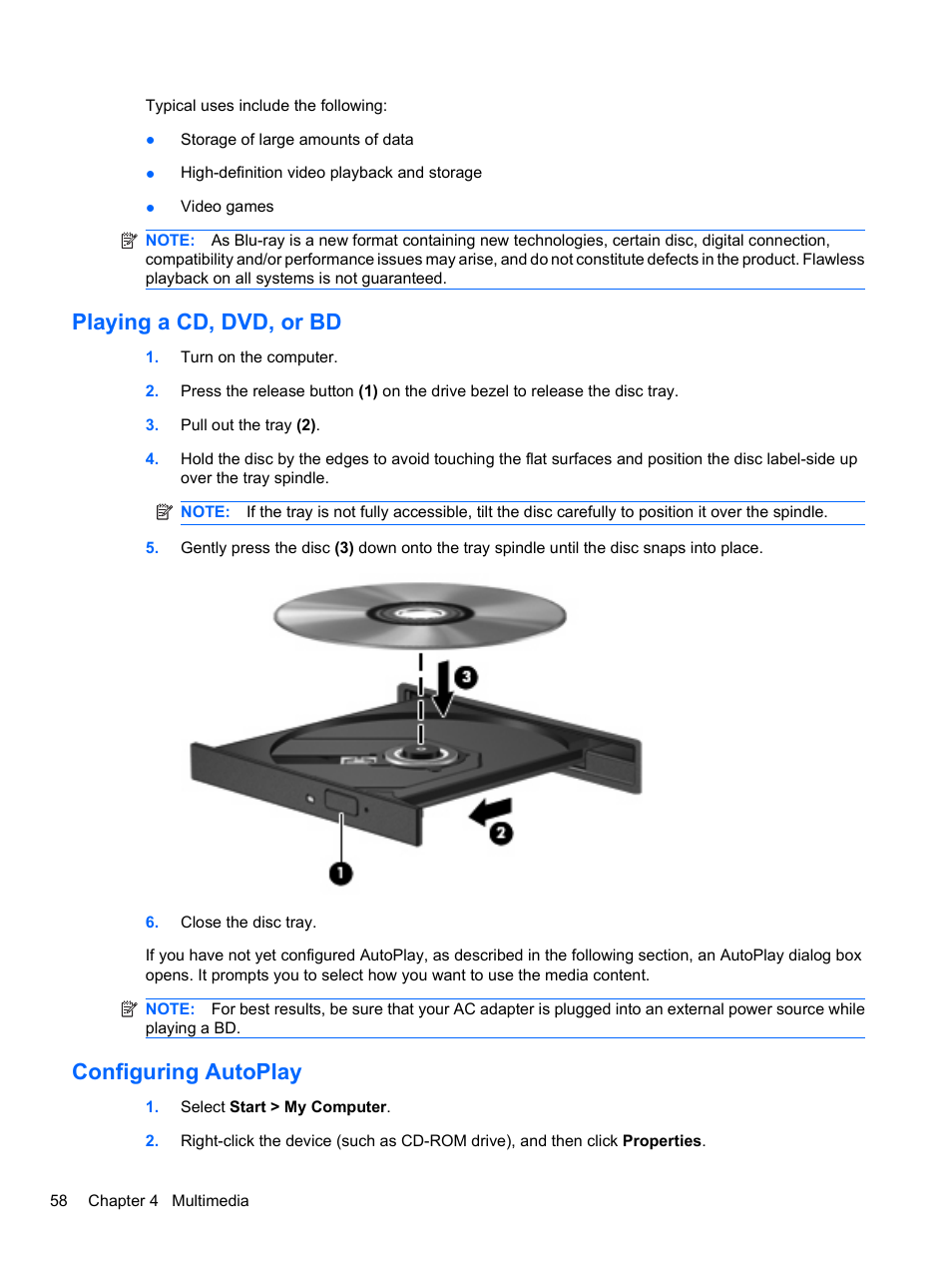 Playing a cd, dvd, or bd, Configuring autoplay, Playing a cd, dvd, or bd configuring autoplay | HP ProBook 4320s Notebook-PC User Manual | Page 70 / 190