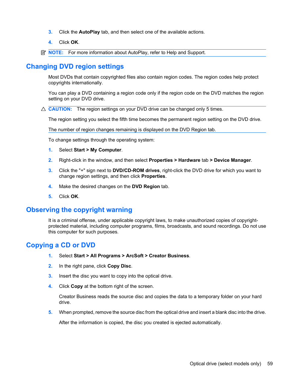 Changing dvd region settings, Observing the copyright warning, Copying a cd or dvd | HP ProBook 4320s Notebook-PC User Manual | Page 71 / 190