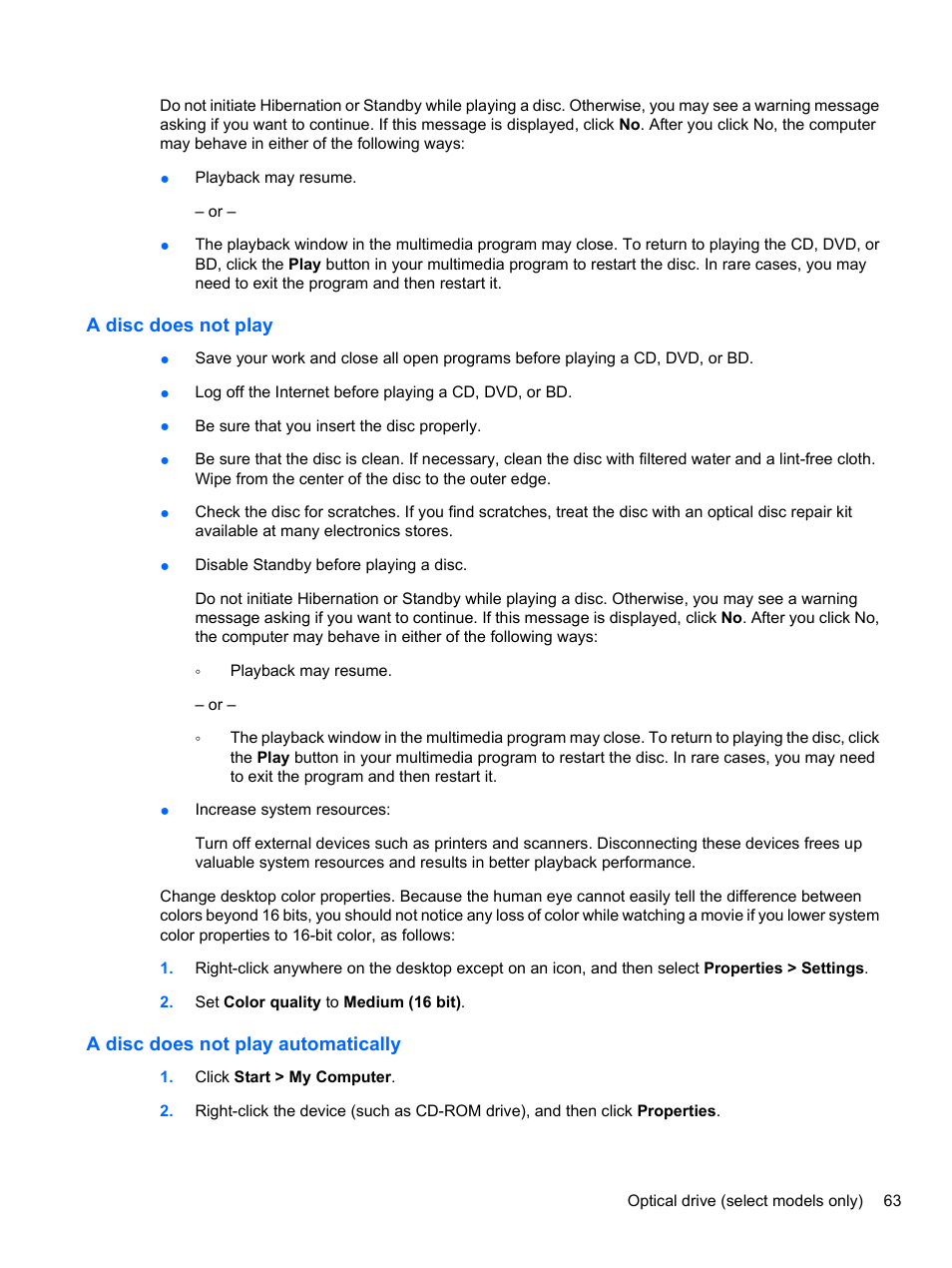 A disc does not play, A disc does not play automatically | HP ProBook 4320s Notebook-PC User Manual | Page 75 / 190