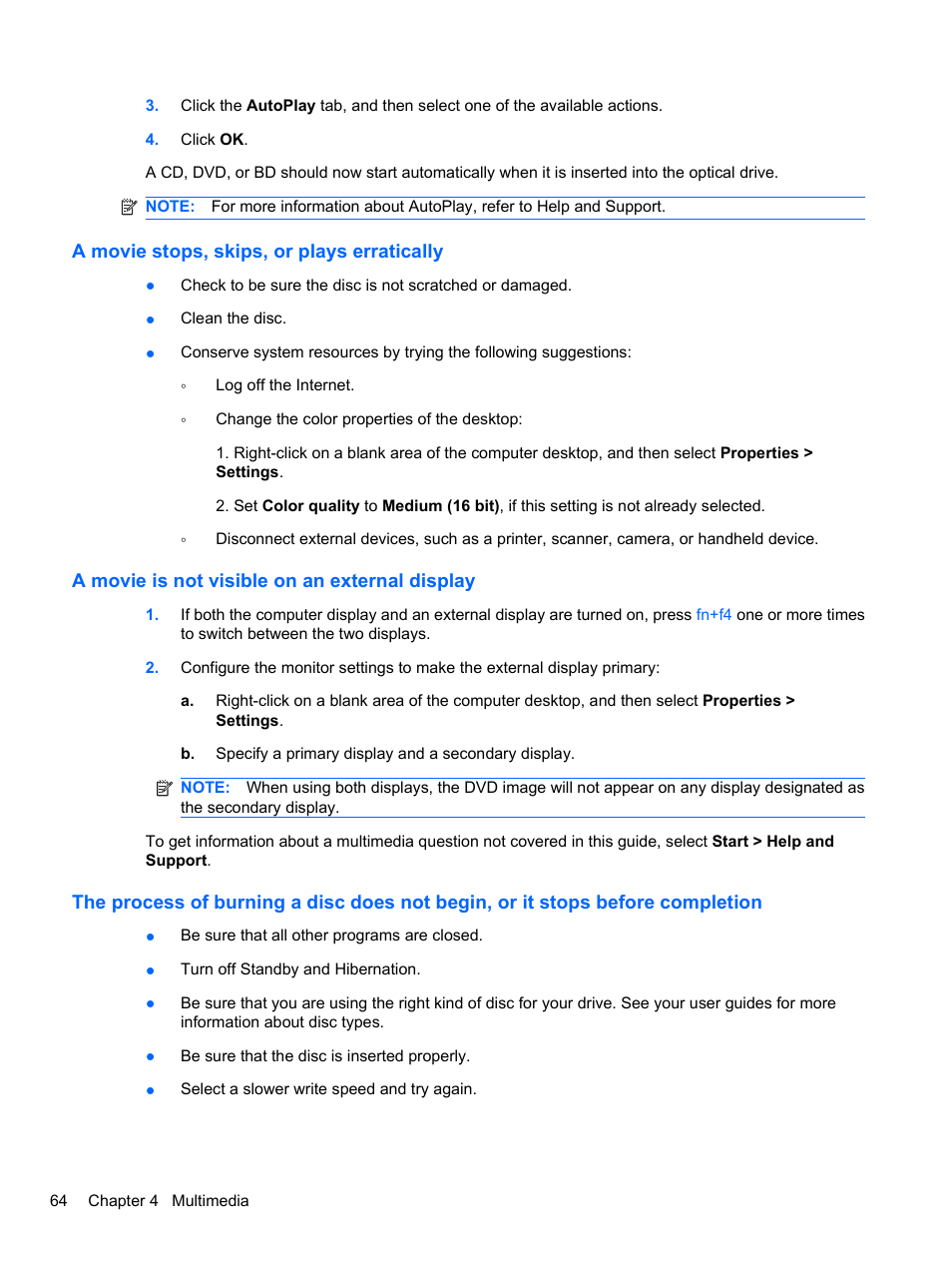 A movie stops, skips, or plays erratically, A movie is not visible on an external display | HP ProBook 4320s Notebook-PC User Manual | Page 76 / 190