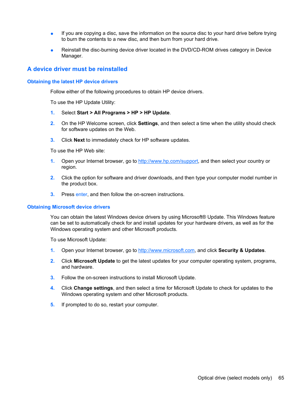 A device driver must be reinstalled, Obtaining the latest hp device drivers, Obtaining microsoft device drivers | HP ProBook 4320s Notebook-PC User Manual | Page 77 / 190