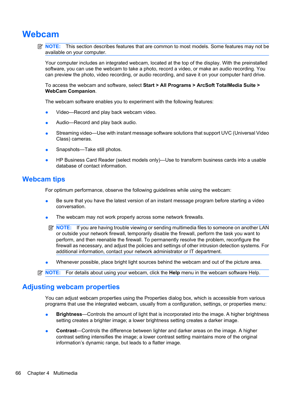 Webcam, Webcam tips, Adjusting webcam properties | Webcam tips adjusting webcam properties | HP ProBook 4320s Notebook-PC User Manual | Page 78 / 190