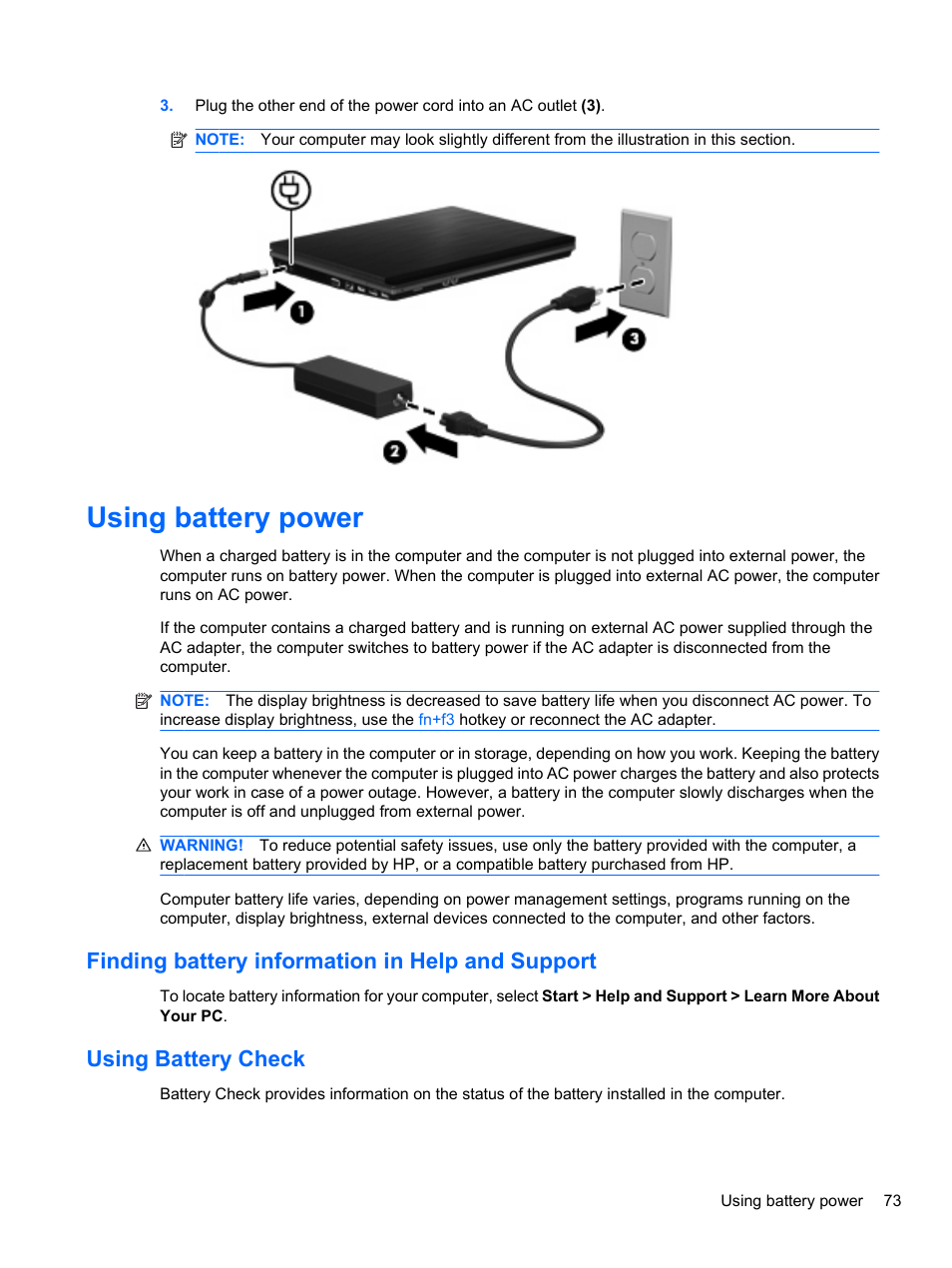 Using battery power, Finding battery information in help and support, Using battery check | HP ProBook 4320s Notebook-PC User Manual | Page 85 / 190