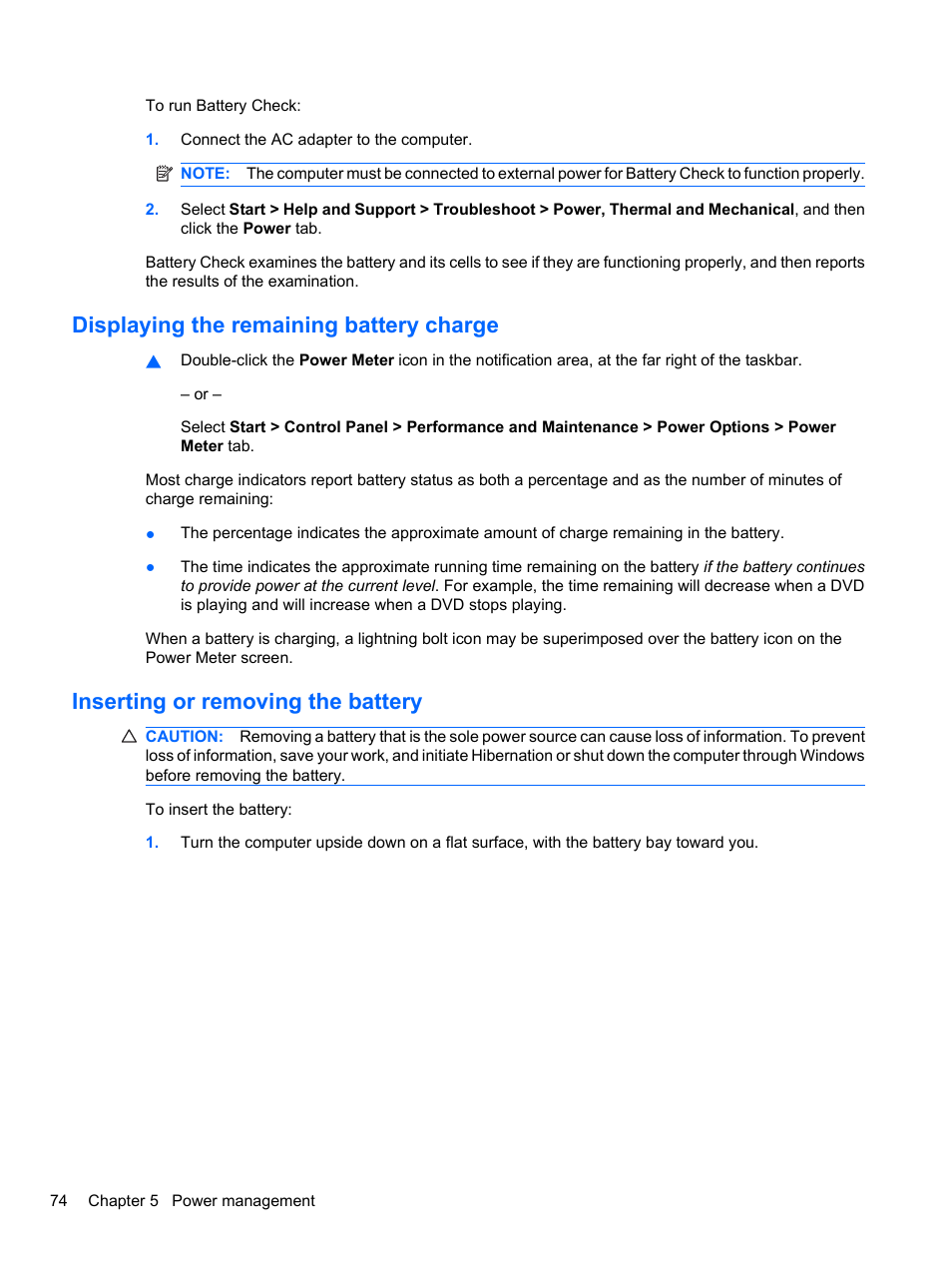 Displaying the remaining battery charge, Inserting or removing the battery | HP ProBook 4320s Notebook-PC User Manual | Page 86 / 190