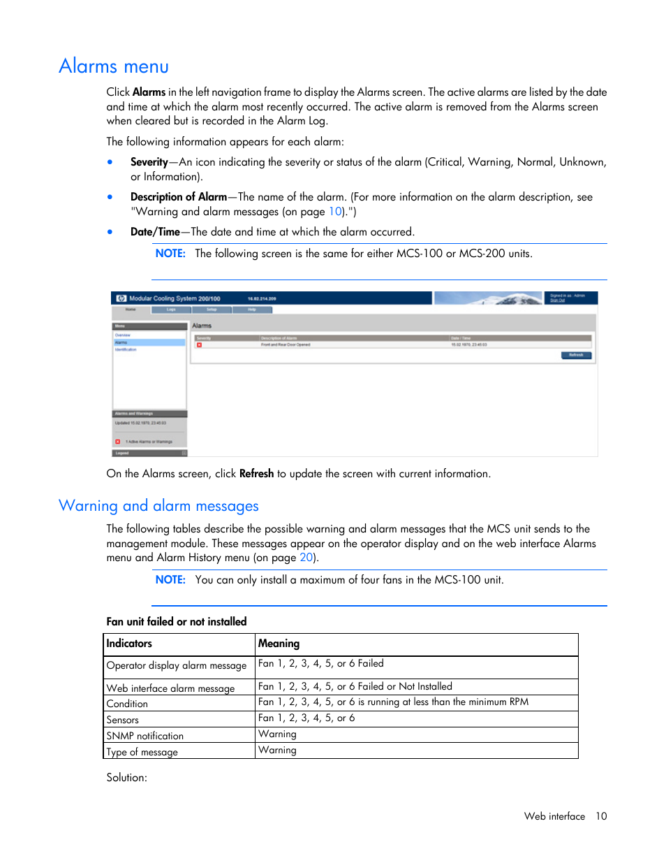 Alarms menu, Warning and alarm messages | HP Modular Cooling System User Manual | Page 10 / 54