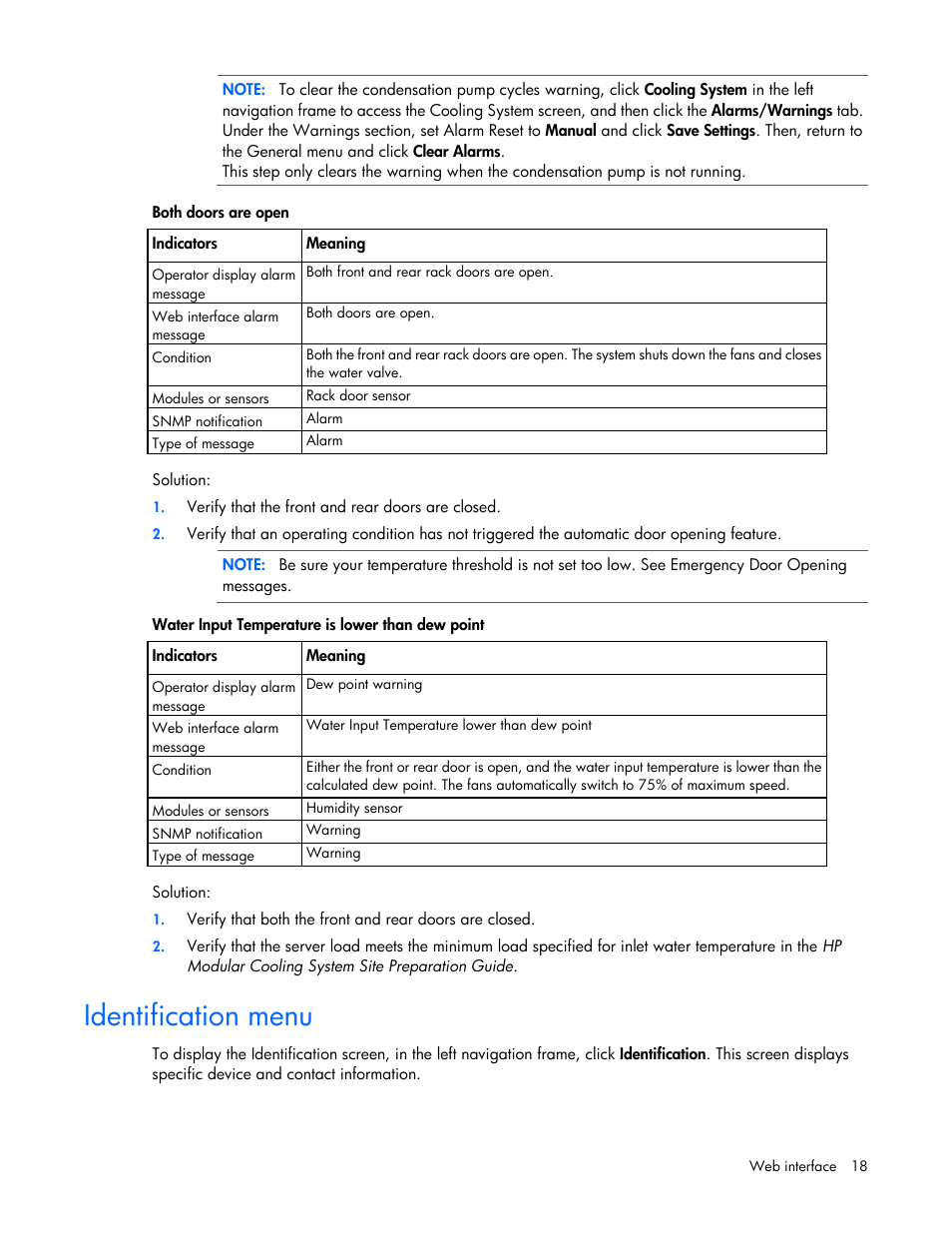 Identification menu | HP Modular Cooling System User Manual | Page 18 / 54