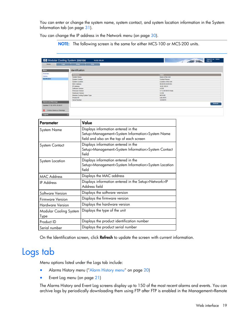 Logs tab | HP Modular Cooling System User Manual | Page 19 / 54