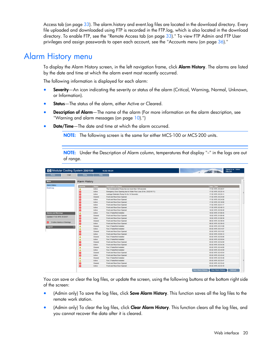 Alarm history menu | HP Modular Cooling System User Manual | Page 20 / 54