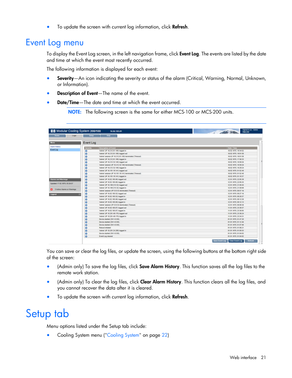 Event log menu, Setup tab | HP Modular Cooling System User Manual | Page 21 / 54