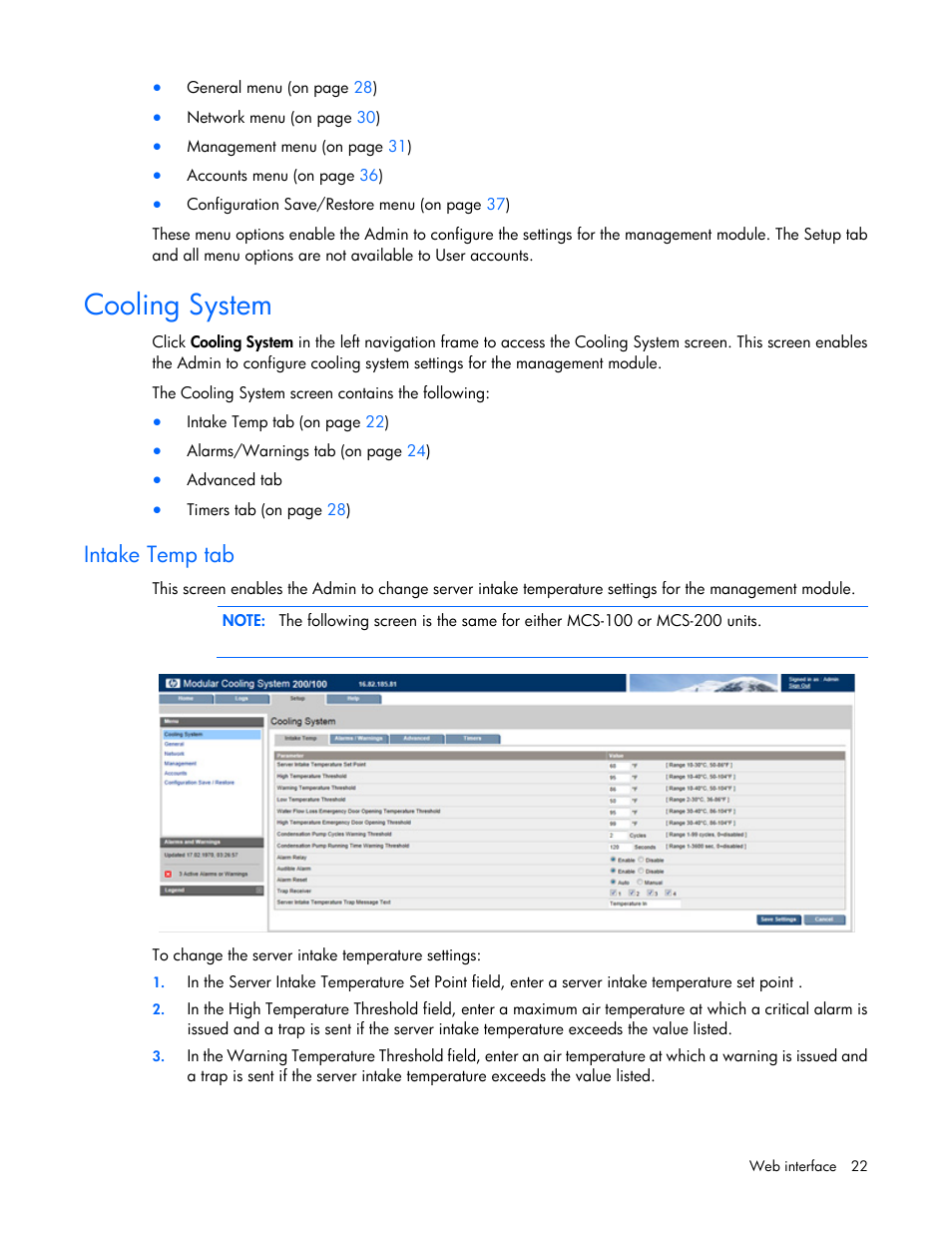 Cooling system, Intake temp tab | HP Modular Cooling System User Manual | Page 22 / 54