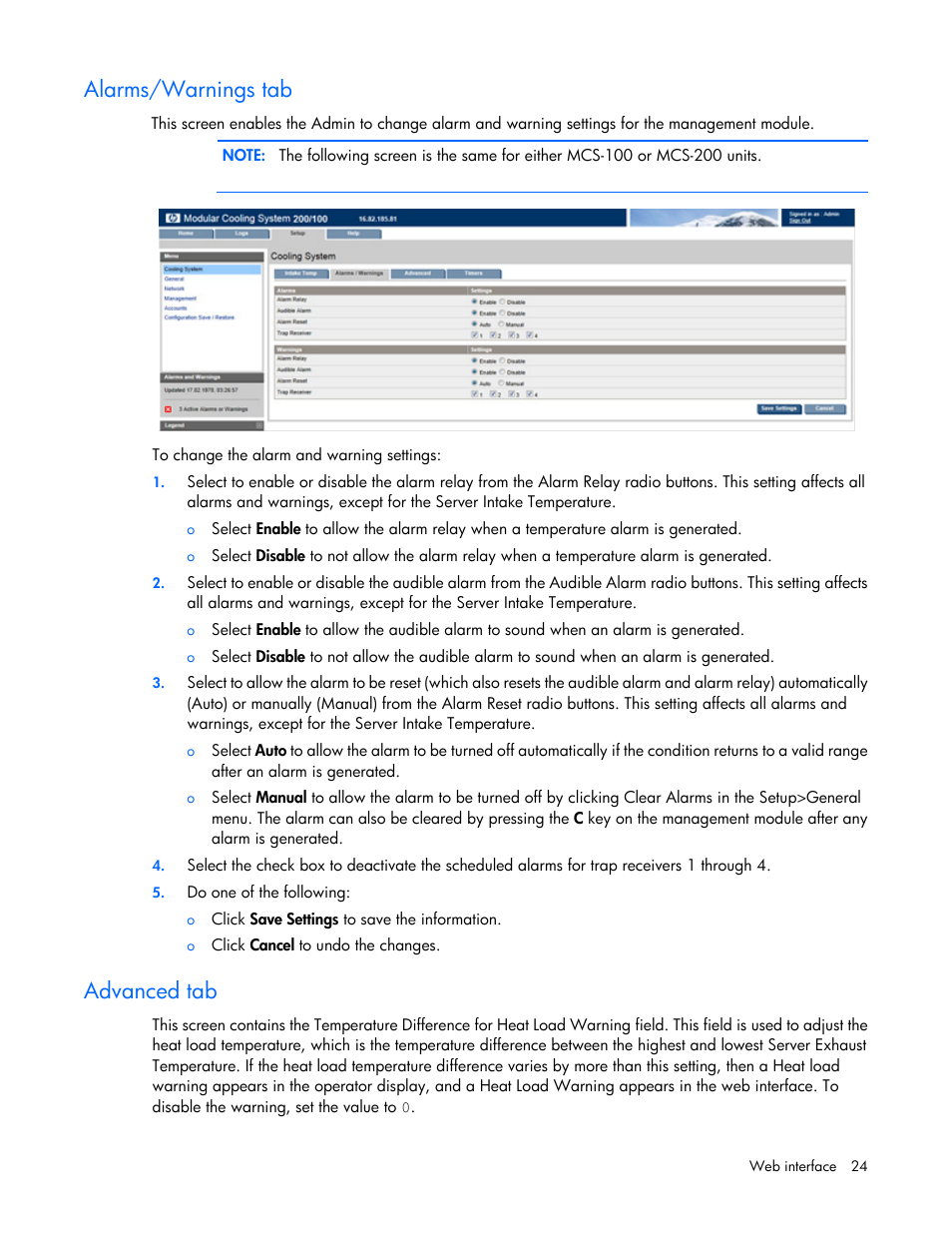 Alarms/warnings tab, Advanced tab | HP Modular Cooling System User Manual | Page 24 / 54