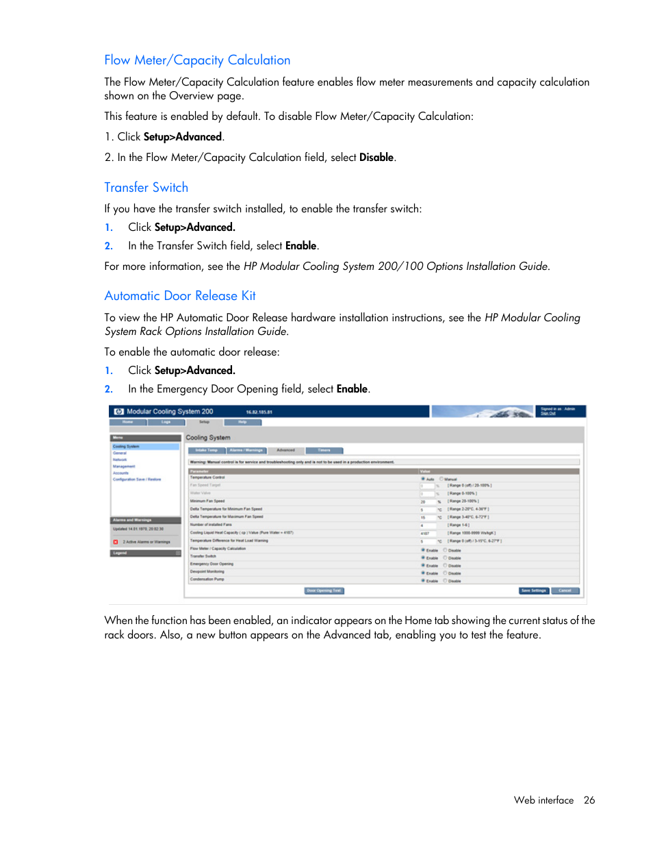 Flow meter/capacity calculation, Transfer switch, Automatic door release kit | HP Modular Cooling System User Manual | Page 26 / 54