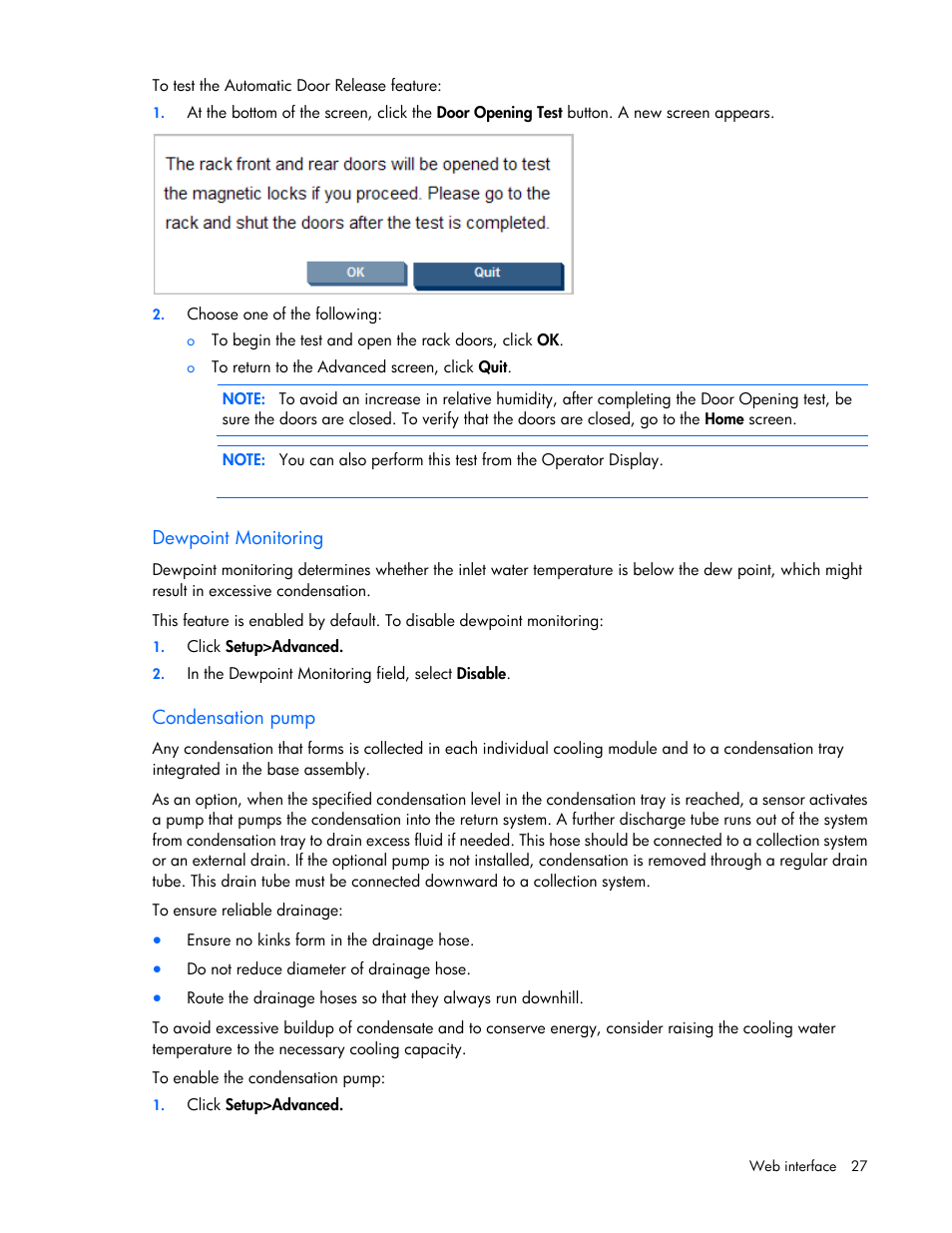 Dewpoint monitoring, Condensation pump | HP Modular Cooling System User Manual | Page 27 / 54