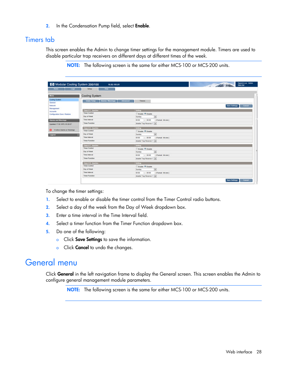 Timers tab, General menu | HP Modular Cooling System User Manual | Page 28 / 54