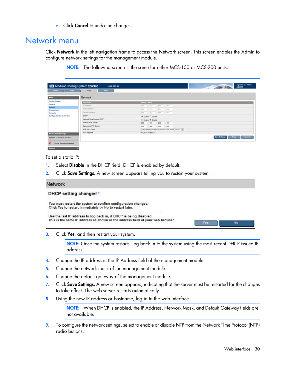 Network menu | HP Modular Cooling System User Manual | Page 30 / 54