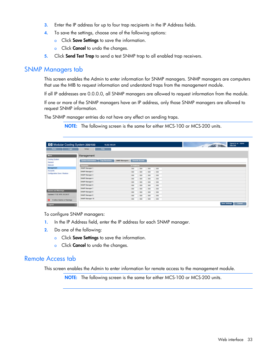 Snmp managers tab, Remote access tab | HP Modular Cooling System User Manual | Page 33 / 54