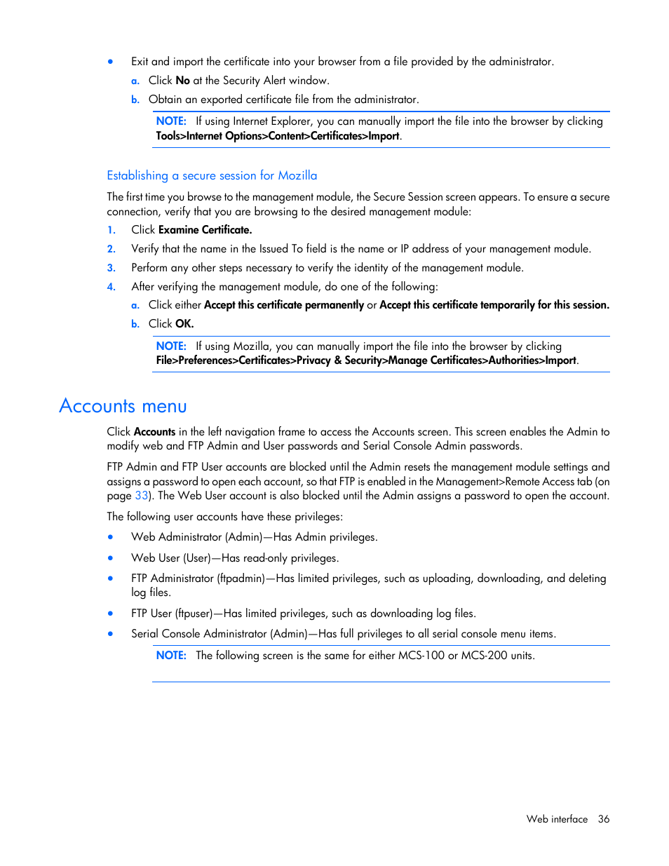 Establishing a secure session for mozilla, Accounts menu | HP Modular Cooling System User Manual | Page 36 / 54