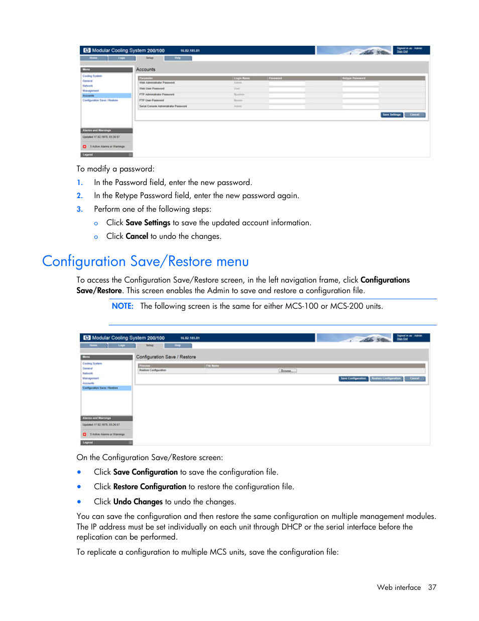 Configuration save/restore menu | HP Modular Cooling System User Manual | Page 37 / 54