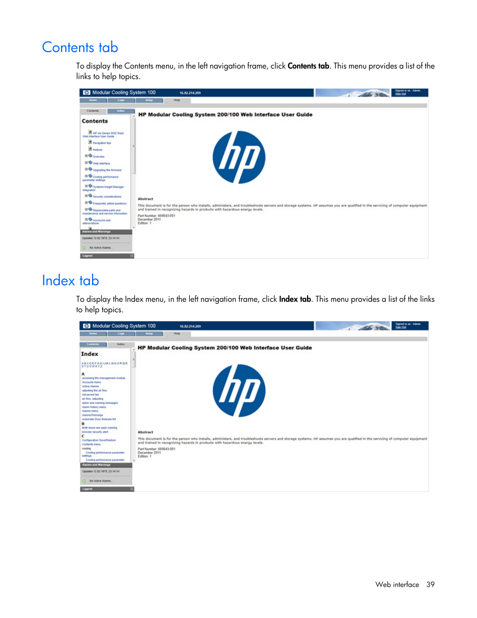 Contents tab, Index tab | HP Modular Cooling System User Manual | Page 39 / 54