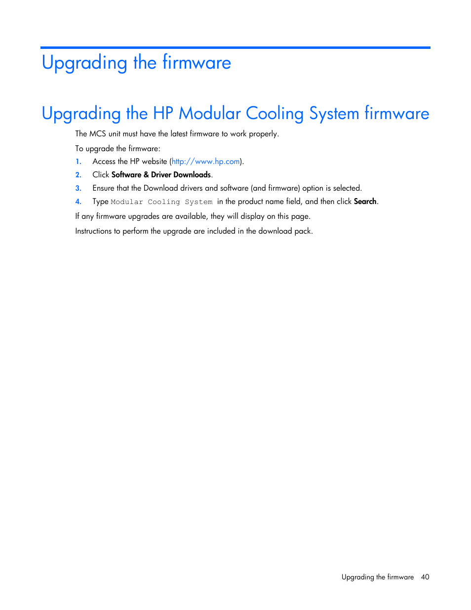 Upgrading the firmware, Upgrading the hp modular cooling system firmware | HP Modular Cooling System User Manual | Page 40 / 54