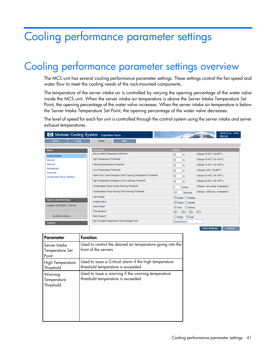 Cooling performance parameter settings, Cooling performance parameter settings overview | HP Modular Cooling System User Manual | Page 41 / 54