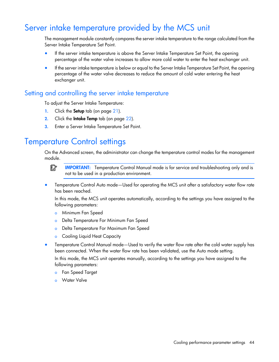 Server intake temperature provided by the mcs unit, Temperature control settings | HP Modular Cooling System User Manual | Page 44 / 54