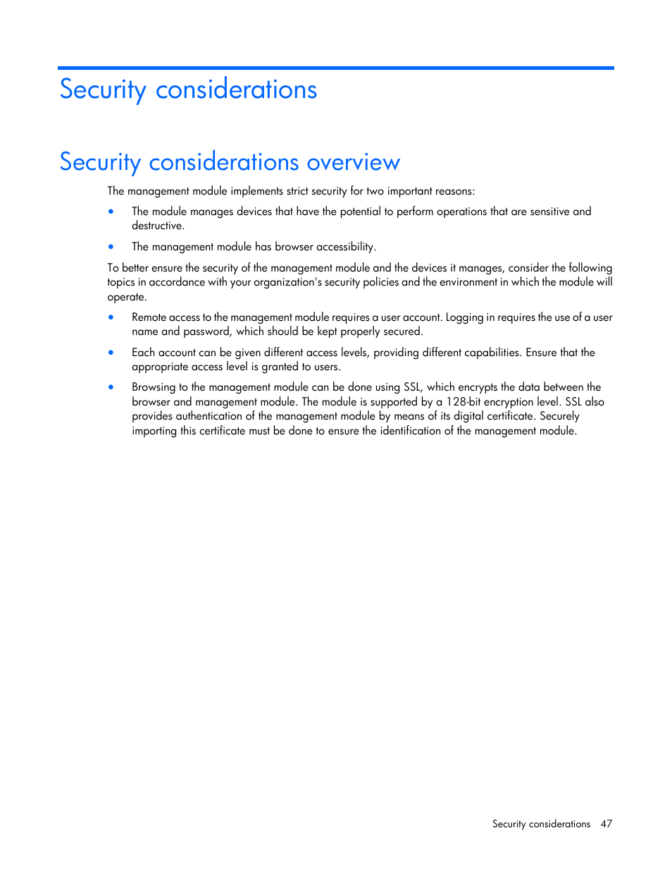 Security considerations, Security considerations overview | HP Modular Cooling System User Manual | Page 47 / 54