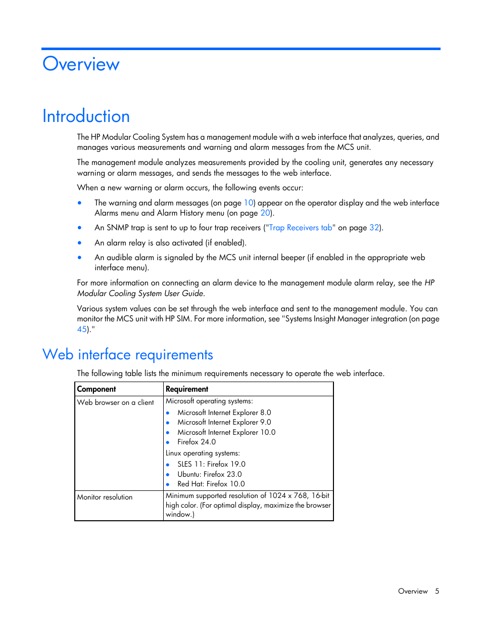 Overview, Introduction, Web interface requirements | HP Modular Cooling System User Manual | Page 5 / 54