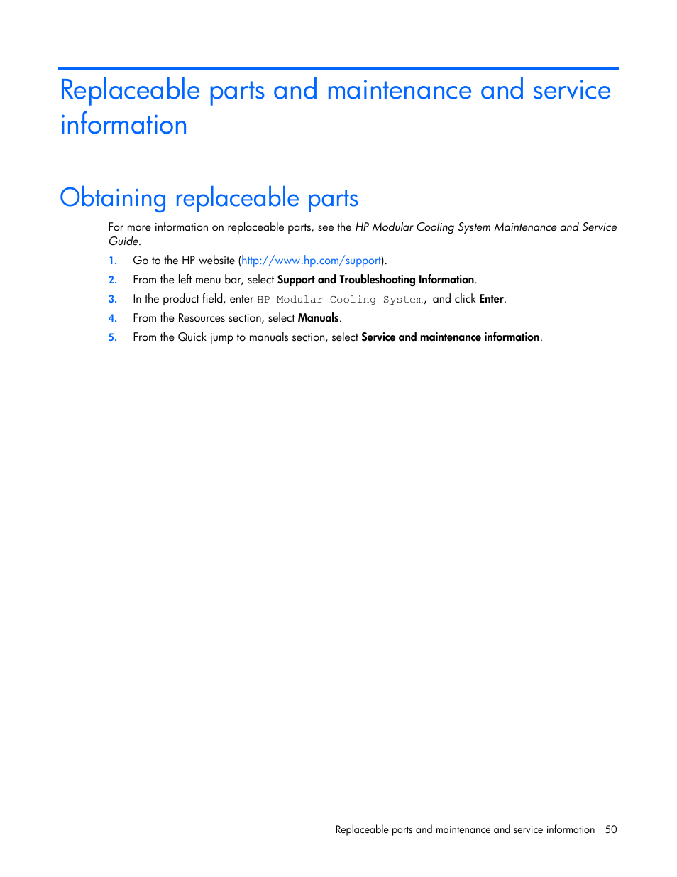 Obtaining replaceable parts | HP Modular Cooling System User Manual | Page 50 / 54