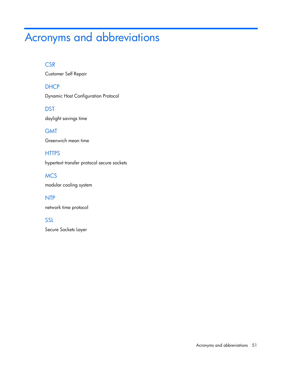 Acronyms and abbreviations | HP Modular Cooling System User Manual | Page 51 / 54