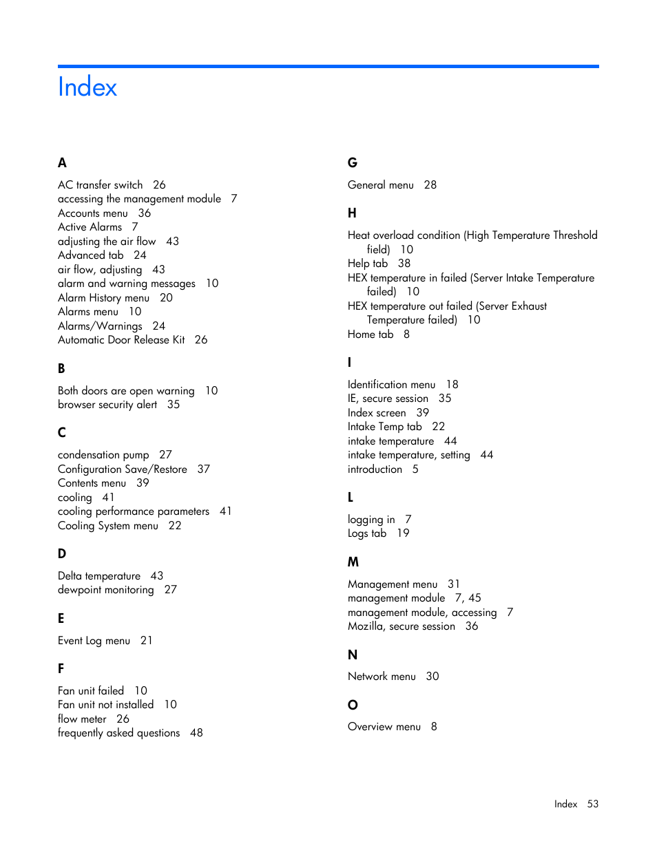 Index | HP Modular Cooling System User Manual | Page 53 / 54