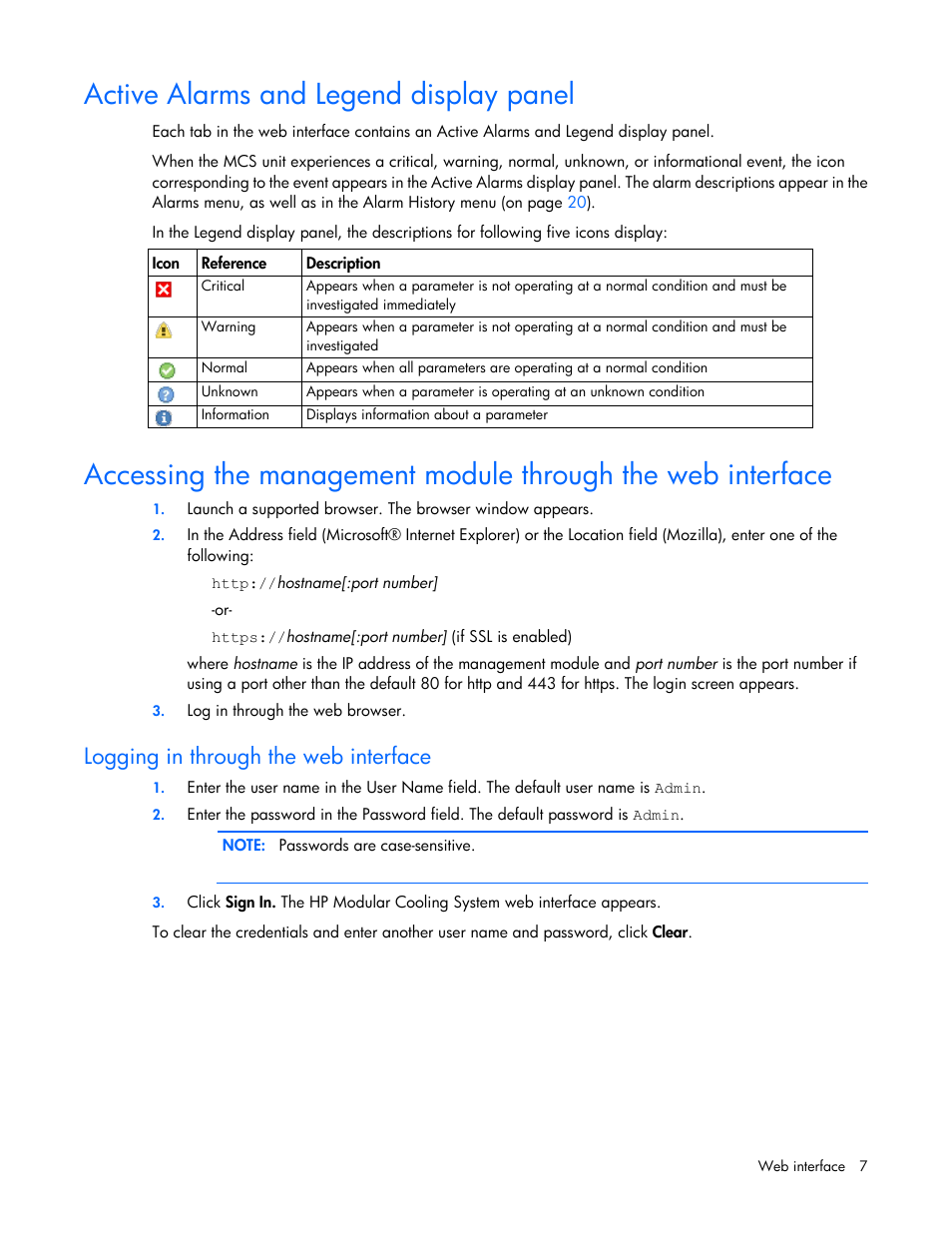 Active alarms and legend display panel, Logging in through the web interface | HP Modular Cooling System User Manual | Page 7 / 54