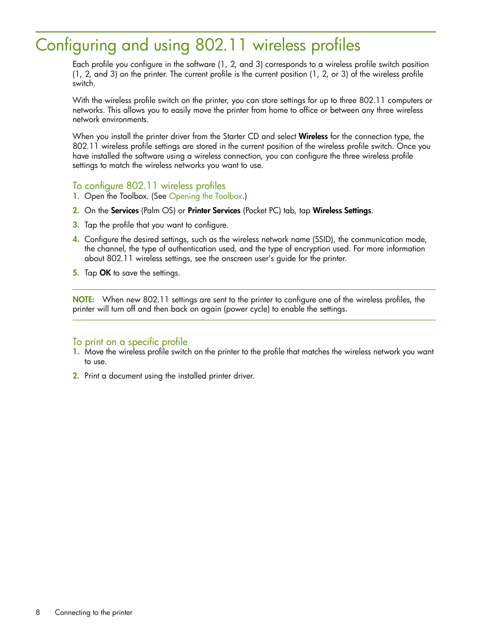 Configuring and using 802.11 wireless profiles, To configure 802.11 wireless profiles, To print on a specific profile | HP Deskjet 460cb Mobile Printer User Manual | Page 10 / 24