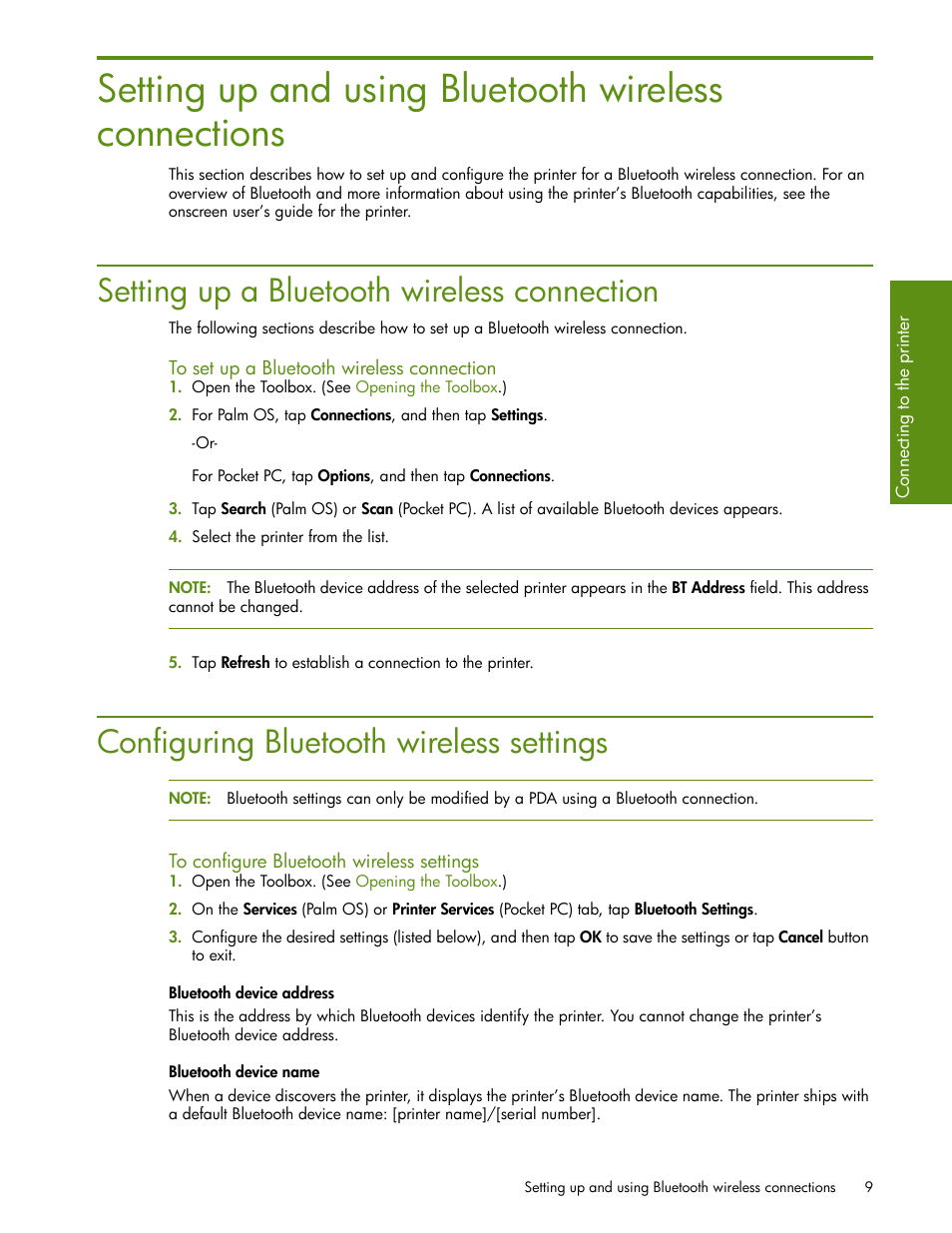 Setting up a bluetooth wireless connection, To set up a bluetooth wireless connection, Configuring bluetooth wireless settings | To configure bluetooth wireless settings, Bluetooth device address, Bluetooth device name | HP Deskjet 460cb Mobile Printer User Manual | Page 11 / 24