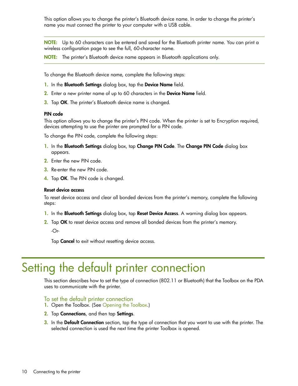 Pin code, Reset device access, Setting the default printer connection | To set the default printer connection | HP Deskjet 460cb Mobile Printer User Manual | Page 12 / 24