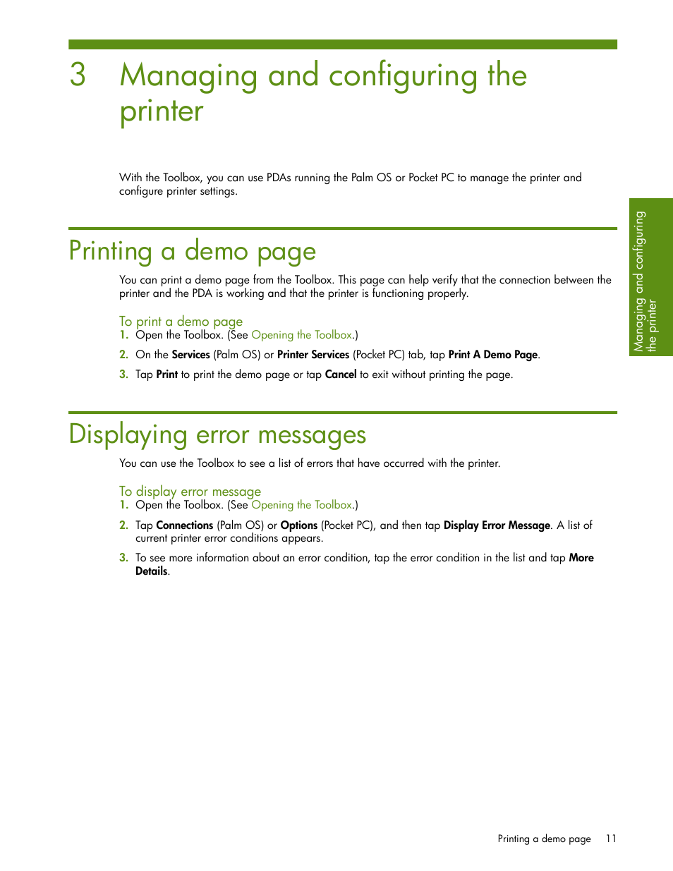 Managing and configuring the printer, Displaying error messages, To display error message | 3 managing and configuring the printer, Printing a demo page | HP Deskjet 460cb Mobile Printer User Manual | Page 13 / 24