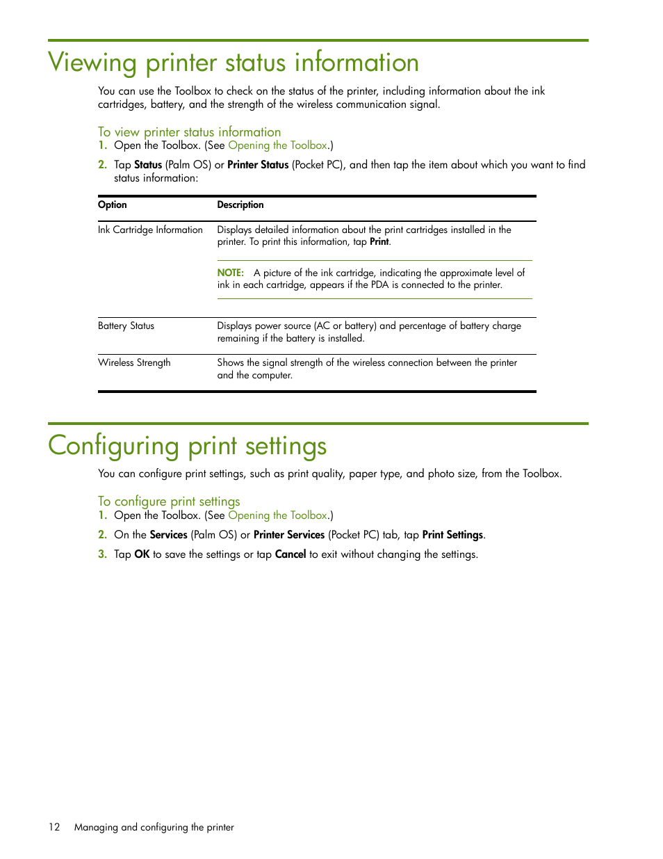 Viewing printer status information, To view printer status information, Configuring print settings | To configure print settings | HP Deskjet 460cb Mobile Printer User Manual | Page 14 / 24