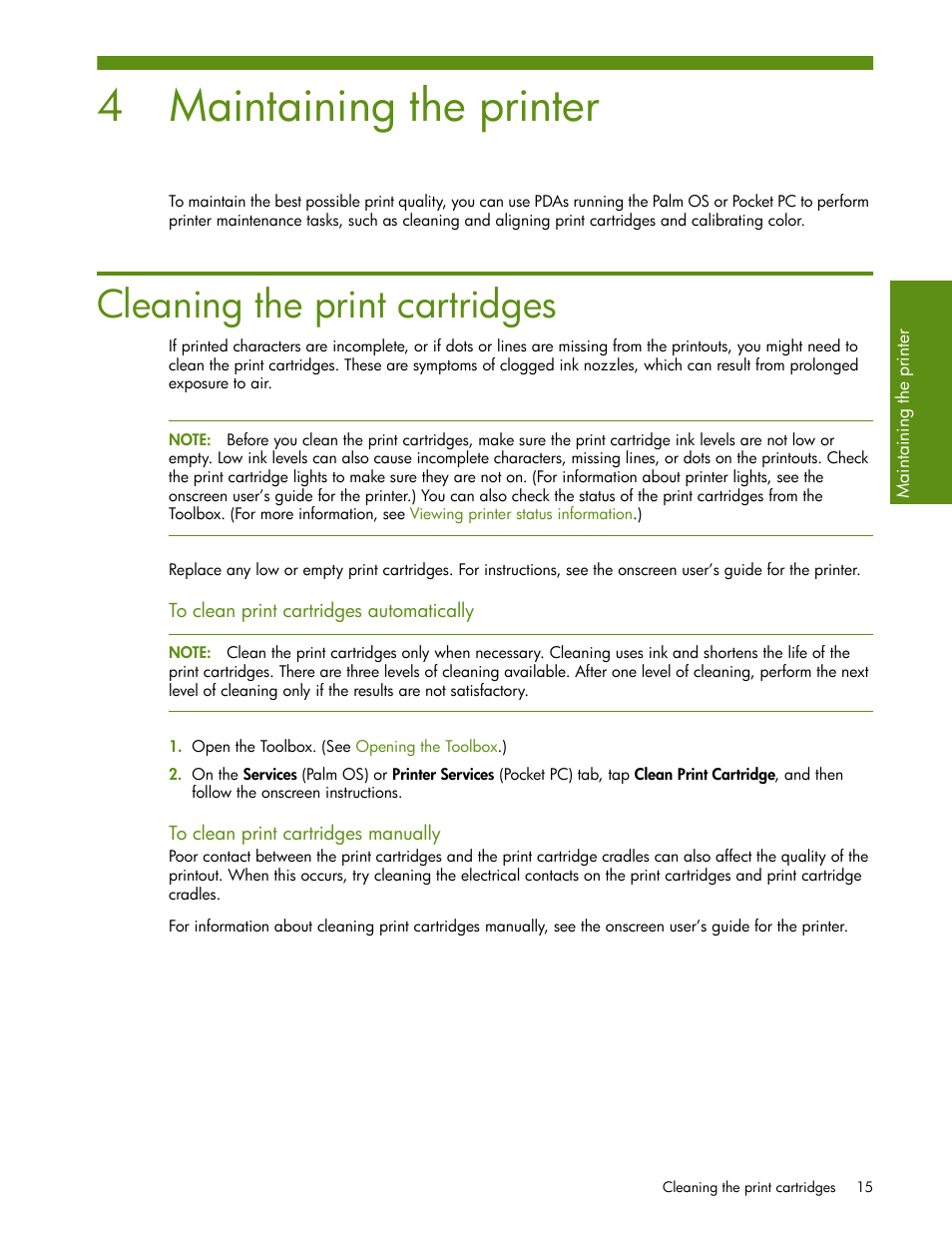 Maintaining the printer, Cleaning the print cartridges, To clean print cartridges automatically | To clean print cartridges manually, 4 maintaining the printer | HP Deskjet 460cb Mobile Printer User Manual | Page 17 / 24