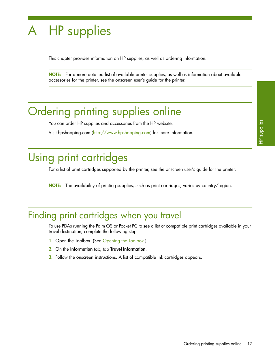 Hp supplies, Ordering printing supplies online, Using print cartridges | Finding print cartridges when you travel, A hp supplies | HP Deskjet 460cb Mobile Printer User Manual | Page 19 / 24