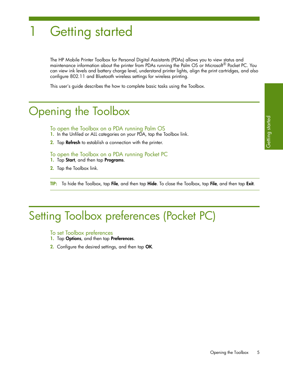 Getting started, Opening the toolbox, To open the toolbox on a pda running palm os | To open the toolbox on a pda running pocket pc, Setting toolbox preferences (pocketpc), To set toolbox preferences, 1 getting started, Setting toolbox preferences (pocket pc) | HP Deskjet 460cb Mobile Printer User Manual | Page 7 / 24
