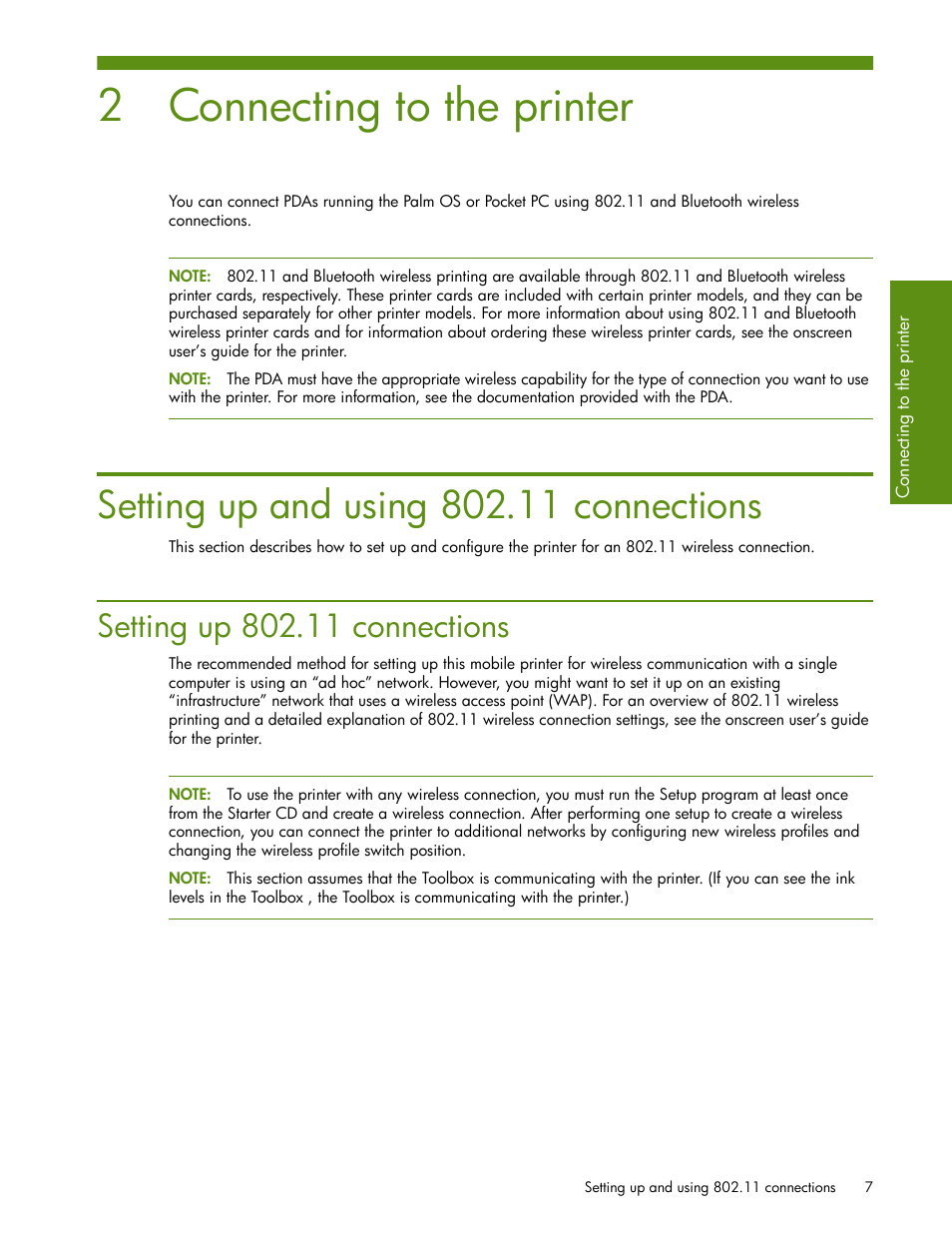 Connecting to the printer, Setting up and using 802.11 connections, Setting up 802.11 connections | 2 connecting to the printer | HP Deskjet 460cb Mobile Printer User Manual | Page 9 / 24