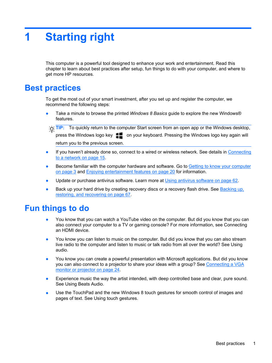 Starting right, Best practices, Fun things to do | 1 starting right, Best practices fun things to do, 1starting right | HP ENVY dv4-5213cl Notebook PC User Manual | Page 11 / 89