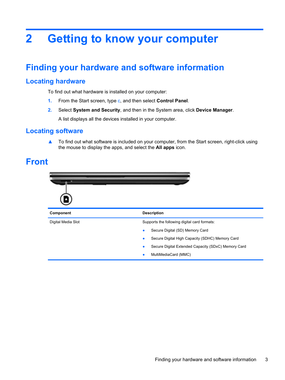 Getting to know your computer, Finding your hardware and software information, Locating hardware | Locating software, Front, 2 getting to know your computer, Locating hardware locating software, 2getting to know your computer | HP ENVY dv4-5213cl Notebook PC User Manual | Page 13 / 89