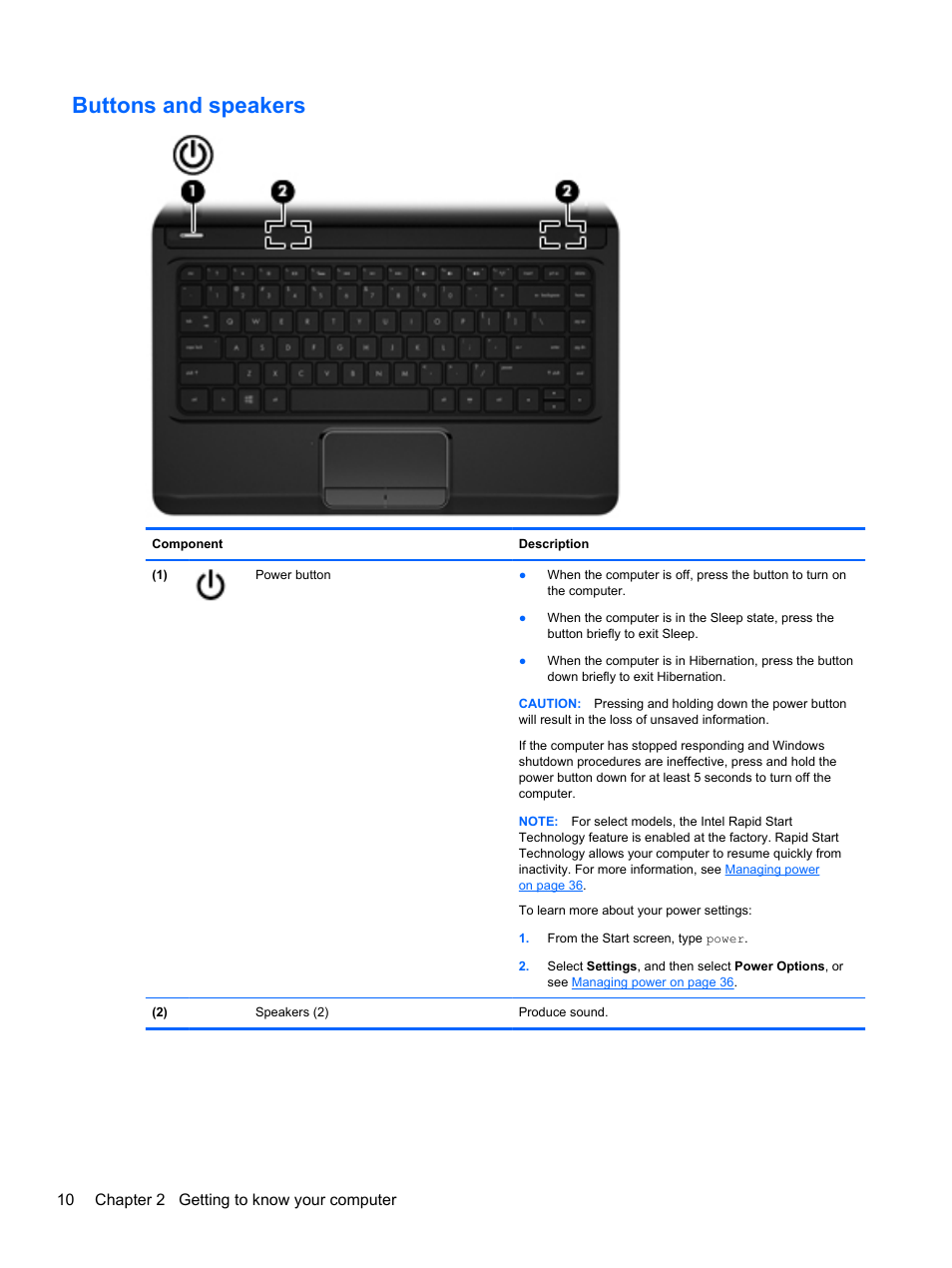 Buttons and speakers, 10 chapter 2 getting to know your computer | HP ENVY dv4-5213cl Notebook PC User Manual | Page 20 / 89