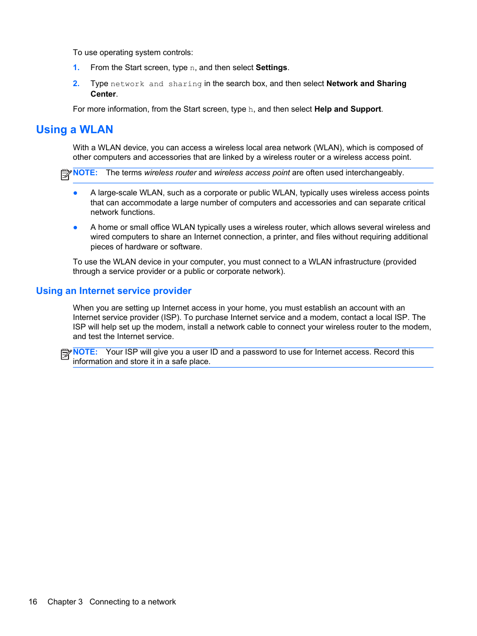 Using a wlan, Using an internet service provider | HP ENVY dv4-5213cl Notebook PC User Manual | Page 26 / 89