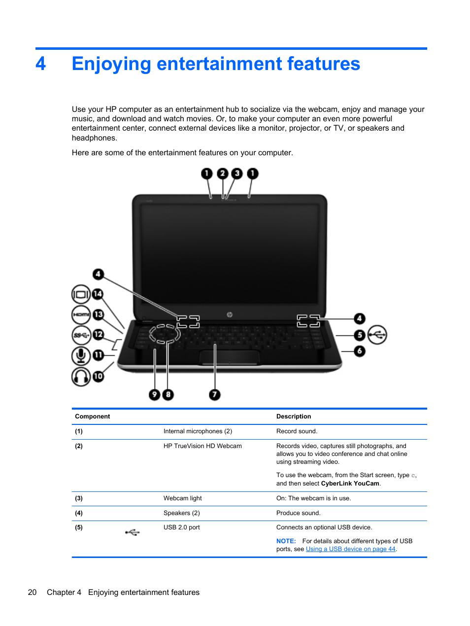 Enjoying entertainment features, 4 enjoying entertainment features, 4enjoying entertainment features | HP ENVY dv4-5213cl Notebook PC User Manual | Page 30 / 89