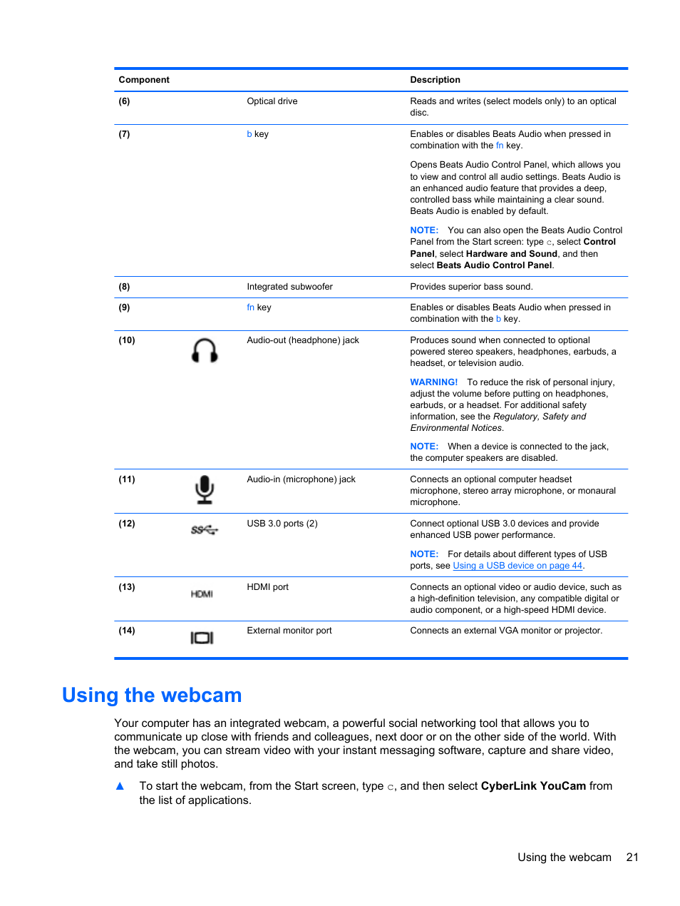 Using the webcam | HP ENVY dv4-5213cl Notebook PC User Manual | Page 31 / 89